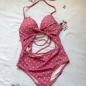 Women's Pink Polka Dot One-Piece Swimsuit with Cutout Detail